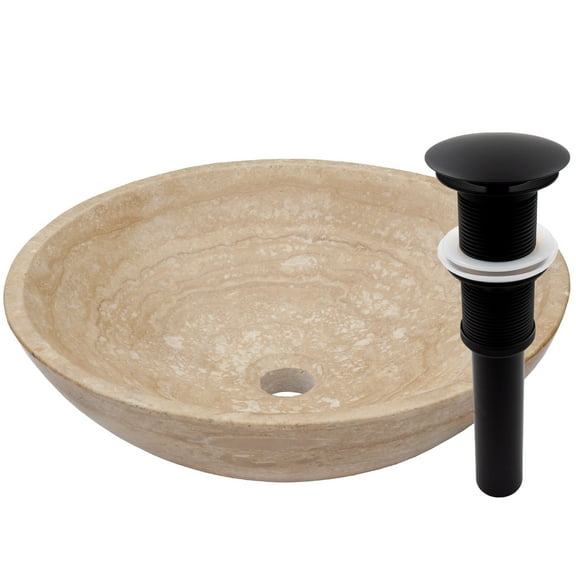 Novatto Beige Travertine Vessel Sink and Matte Black Umbrella Drain