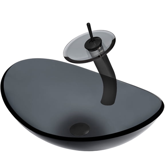 Novatto Bigio NSFC-324G001MB Oval Clear Smoke Grey Glass Vessel Sink Set, Matte Black Faucet, Drain, Mounting Ring