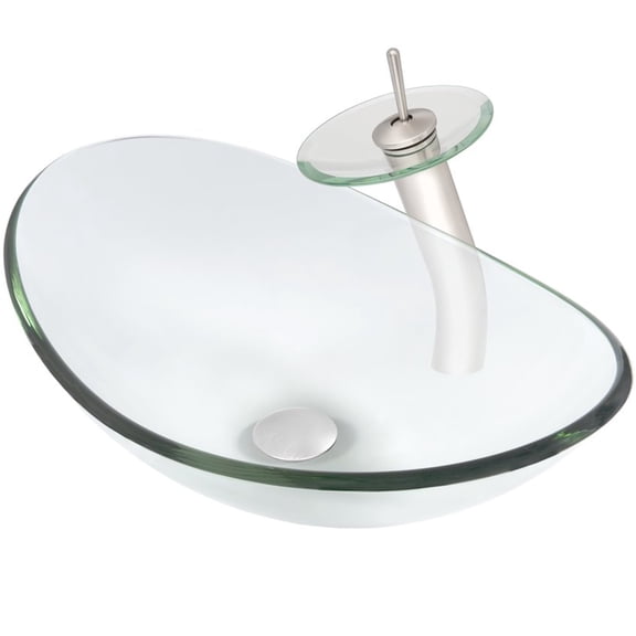 Novatto Chiaro NSFC-324C001BNC Clear Oval Glass Vessel Sink Combo Set, Brushed Nickel 4-Piece