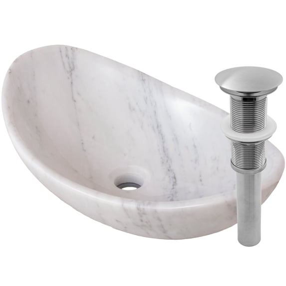 Novatto NOSV-CWSBN White Carrara Marble Natural Stone Slipper Vessel Sink with Brushed Nickel Umbrella Drain