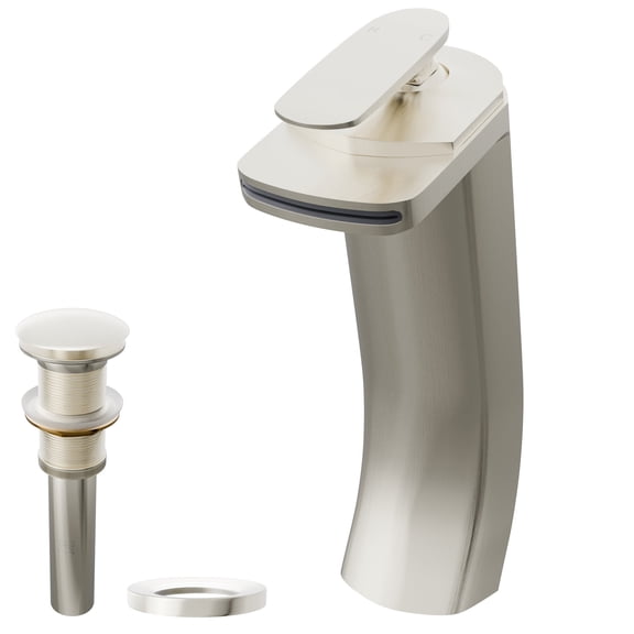 GF-057BN-PUD Brushed Nickel Waterfall Vessel Faucet, Pop-up Drain and Mounting Ring