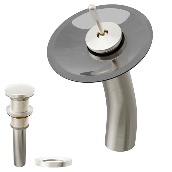 Novatto GF-001BN-S-PUD Falls Vessel Faucet Smoke Colored Glass and Drain Set in Brushed Nickel
