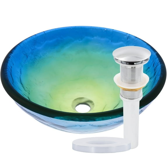 Novatto TIS-191CH Mare Blue, Yellow and Green Glass Vessel Sink withChrome Pop-Up Drain, Mounting Ring
