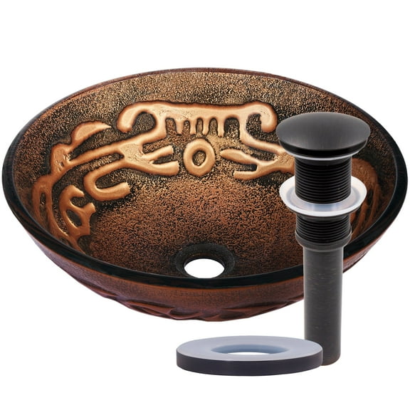 Novatto Mosaico NOHP-G032ORB Brown/Tan Mosaic Painted Glass Vessel Sink, Oil-Rubbed Bronze Pop-Up Drain, Mounting Ring