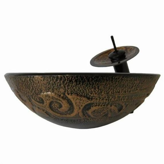 Novatto Mosaico Hand Painted Glass Vessel Sink with Oil Rubbed Bronze Faucet- Drain and Mounting Ring - Brown/Tan - 16.5in. x 5.5in.
