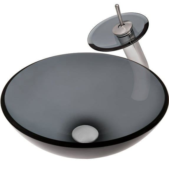 Novatto NSFC-168G001BNS Nera Clear Slate Gray Glass Vessel Sink Combo Set with Brushed Nickel Faucet, Drain and Mounting Ring