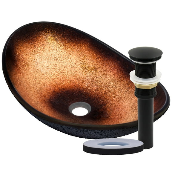 Novatto NOHP-G008-8031MB Rena Copper and Black Painted Oval Glass Vessel Sinkwith Black Pop-Up Drain, Mounting Ring