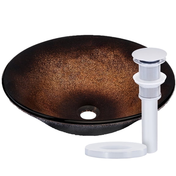 Novatto NOHP-G008CH Sanguinello Copper and Black Hand Painted Glass Vessel Bath Sink with Chrome Pop-Up Drain, Mounting Ring