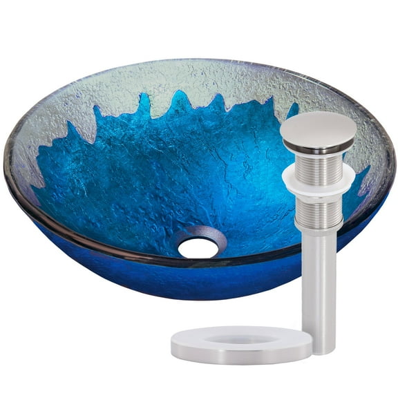 NOHP-G017BN Diaccio Blue and Silver Painted Glass Vessel Sink with Brushed Nickel Pop-Up Drain, Mounting Ring and Glacier Ice Sealer