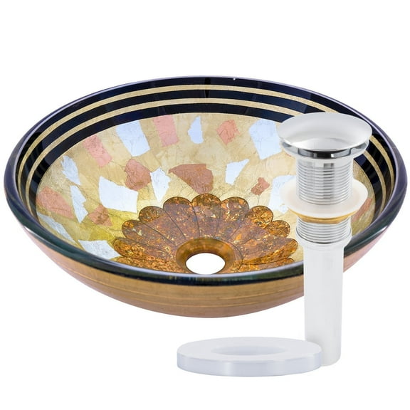 Novatto NOHP-G020CH Celebrazione Yellow, Blue, and Pink Painted Glass Vessel Sink with Chrome Pop-Up Drain, Mounting Ring