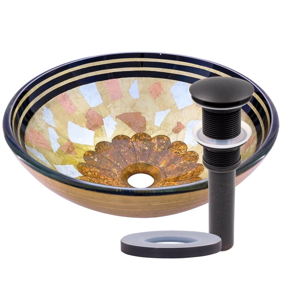 Novatto NOHP-G020ORB Celebrazione Yellow, Blue, and Pink Painted Glass Vessel Sink with Oil-Rubbed Bronze Pop-Up Drain, Mounting Ring