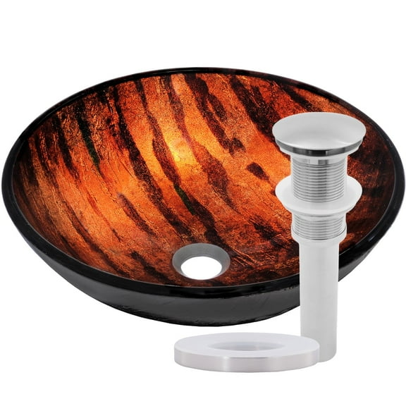 Novatto NOHP-G025BN Mimetica Brown, Copper and Black Painted Glass Vessel Sink with Brushed Nickel Pop-Up Drain, Mounting Ring