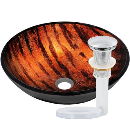 Novatto NOHP-G025CH Mimetica Brown, Copper and Black Painted Glass Vessel Sink Chrome Pop-Up Drain, Mounting Ring
