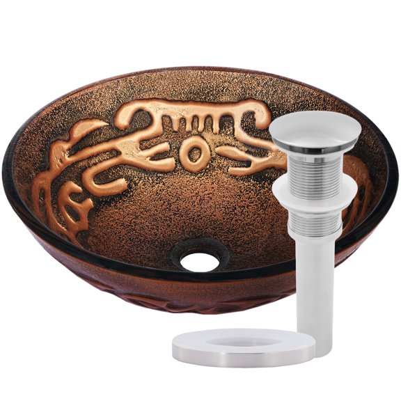 Novatto Mosaico NOHP-G032BN Brown/Tan Mosaic Painted Glass Vessel Sink, Brushed Nickel Pop-Up Drain, Mounting Ring