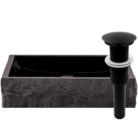 Novatto NOSV-ANSQMB Square Black Granite Vessel Sink with Natural Chiseled Exterior, Matte Black Umbrella Drain