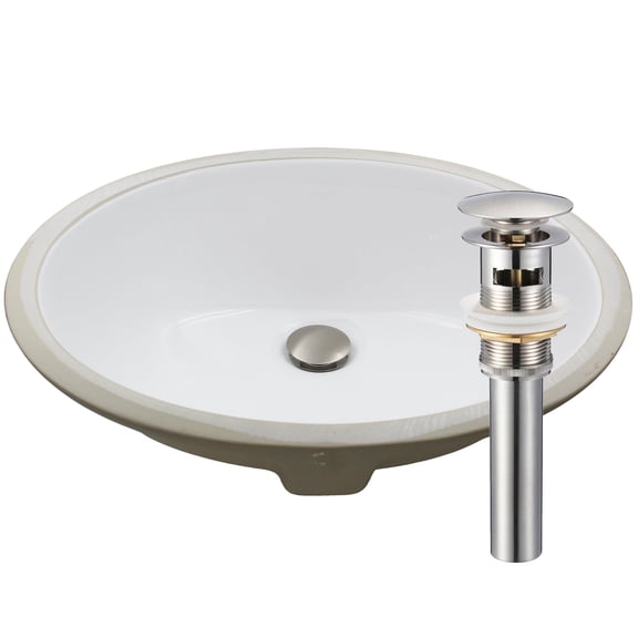 Novatto NP-U191307BN-O Oval Undermount White Porcelain Sink Set w/ Brushed Nickel Overflow Drain