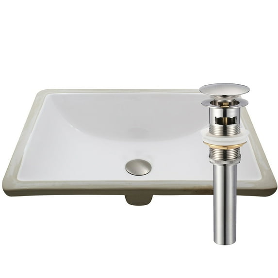 Novatto NP-U193906BN Rectangular Undermount White Porcleain Sink with Overflow Drain Brushed Nickel, 20.25 x 15-inches