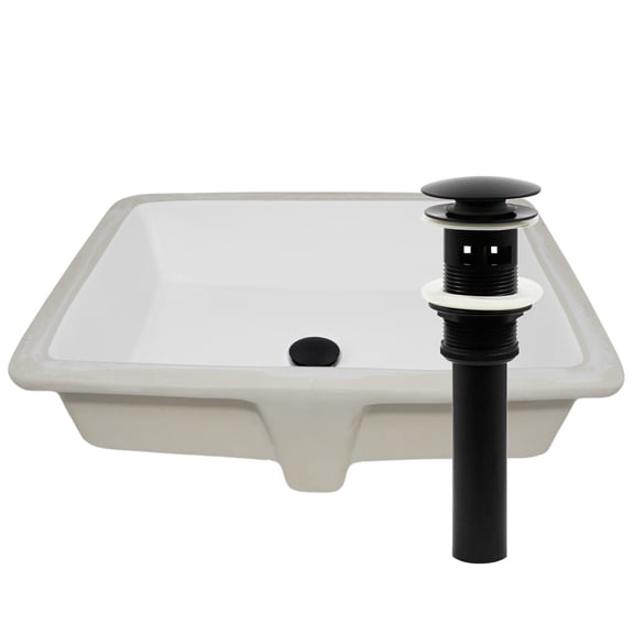 Novatto NP-U193911MB-O Shallow Rectangular Undermount White Porcelain Sink Drain Set with Overflow, Matte Black