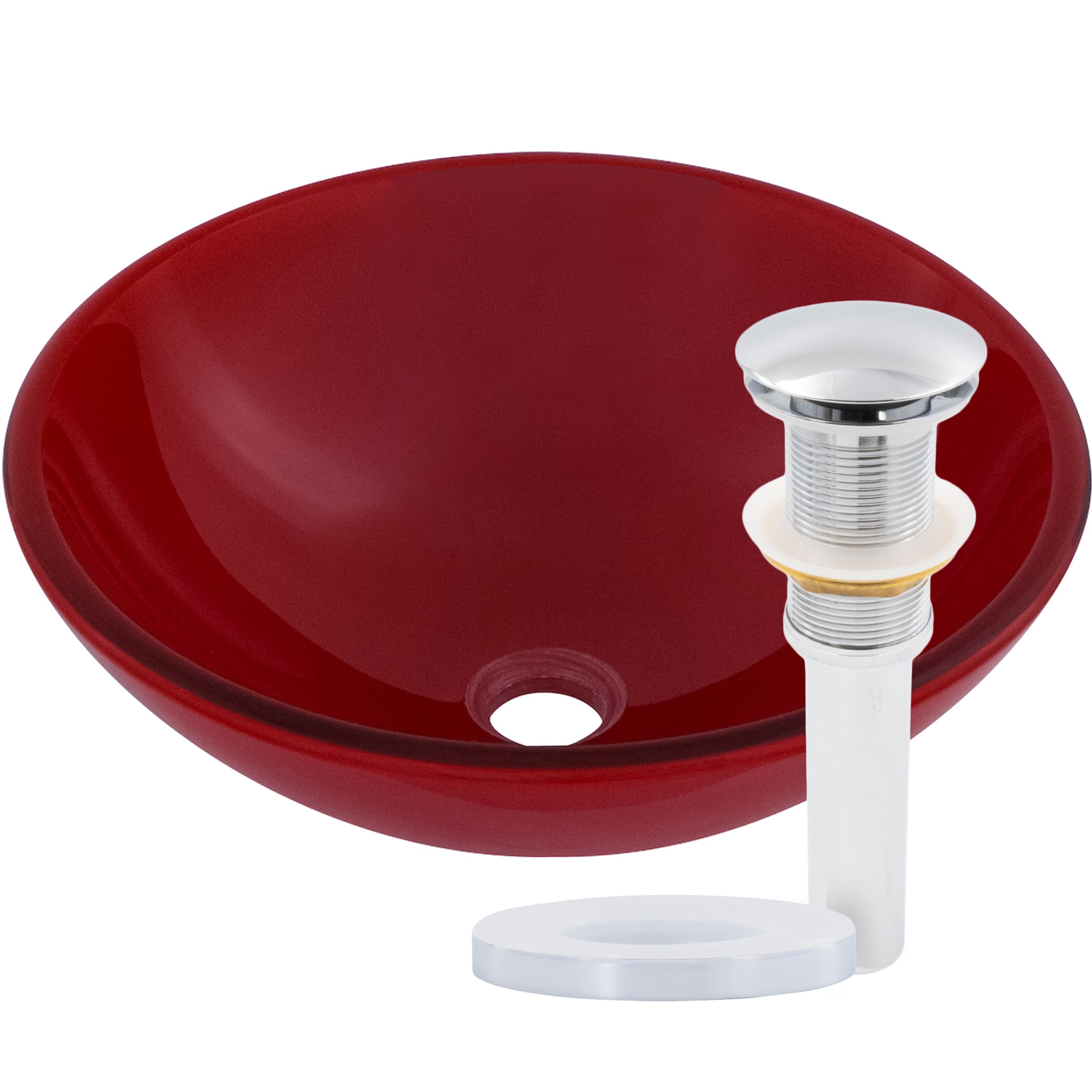 16.5'' Red Glass Round Vessel Bathroom Sink with Chrome Drain