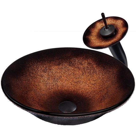 Novatto NSFC-008001ORB Black/Copper Painted Round Glass Vessel Sink w/ Oil Rubbed Bronze Faucet, Drain, Mounting Ring