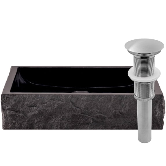 Novatto NOSV-ANSQBN Square Black Granite Vessel Sink with Natural Chiseled Exterior, Brushed Nickel Umbrella Drain