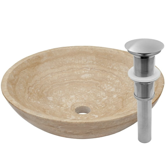 Novatto Beige Travertine Vessel Sink and Brushed Nickel Umbrella Drain
