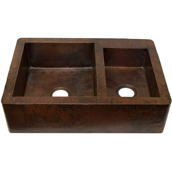 Novatto TCK-005AN Farmhouse 60/40 Split Copper Kitchen Sink, Antique