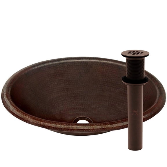 Novatto TCU-003AN Cordoba Rolled Drop-In Oval Copper Bath Sink, Antique Finish, with Oil Rubbed Bronze Strainer Drain