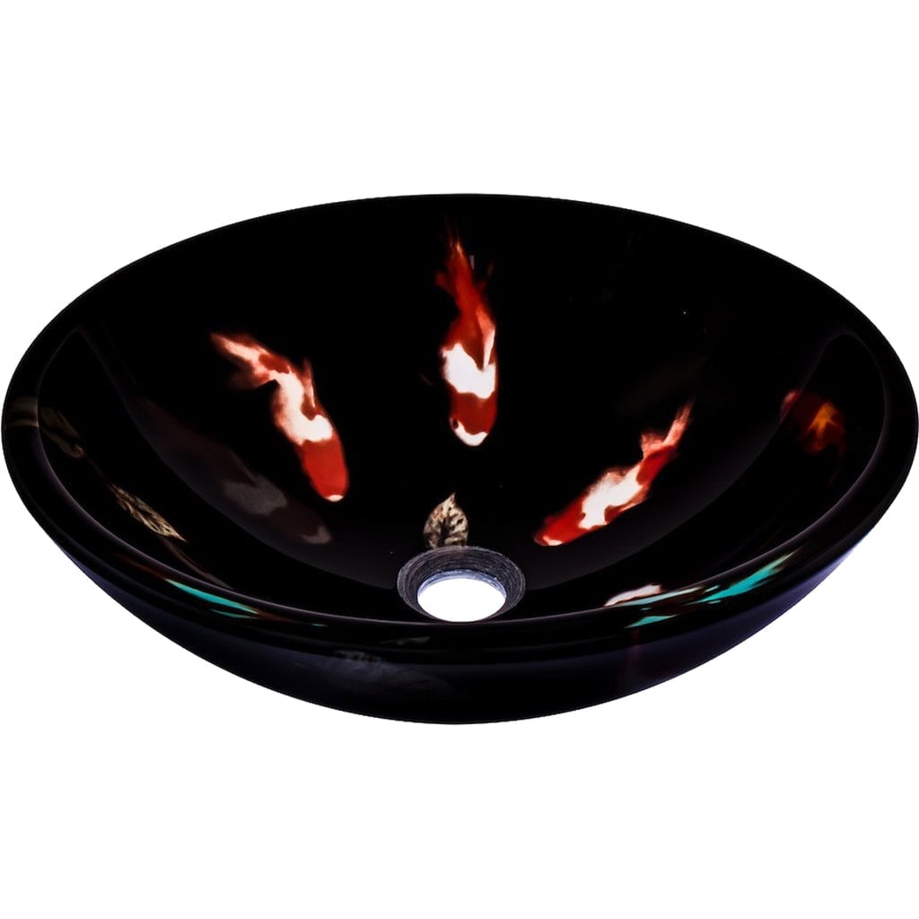 19'' Black and Orange Glass Vessel Sink with Koi Design