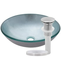 Novatto TIG-7032BN Fluorescent Silver Hand-Foiled Painted Glass Vessel Sink with Brushed Nickel Pop-Up Drain, Mounting Ring