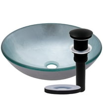 Novatto TIG-7032MB Fluorescent Silver Hand-Foiled Painted Glass Vessel Sink with Matte Black Pop-Up Drain, Mounting Ring