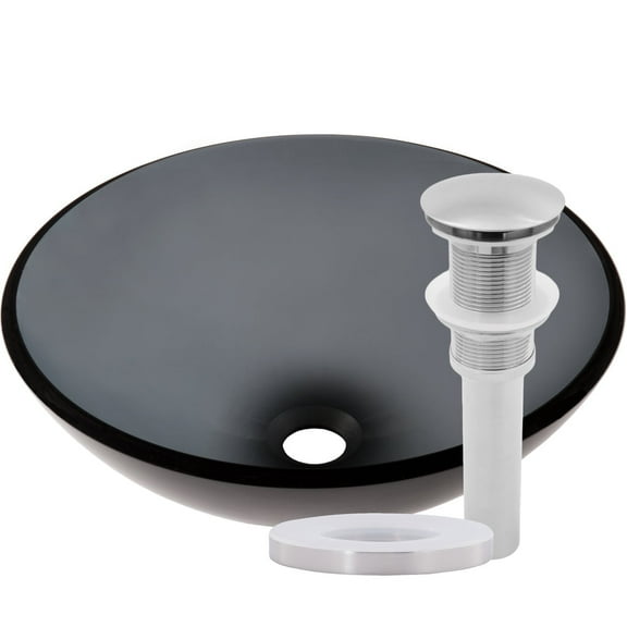 Novatto TIS-168GBN Nera Clear Slate Grey Round Glass Vessel Bathroom Sink with Brushed Nickel Pop-Up Drain, Mounting Ring