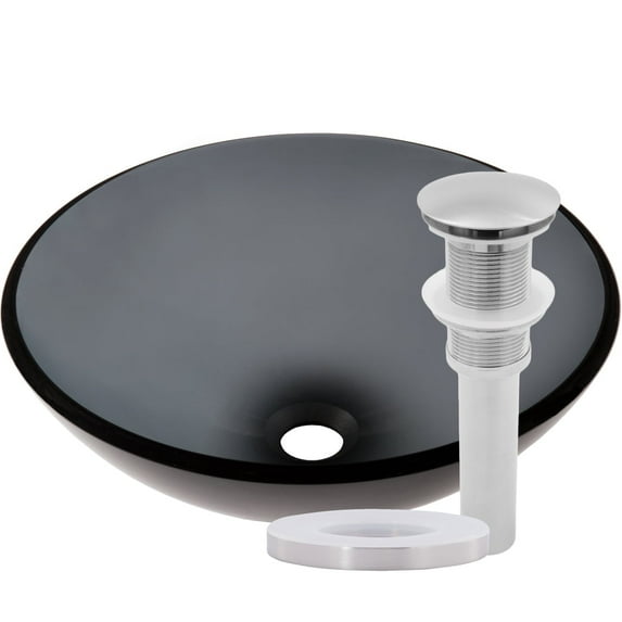 Novatto TIS-168GBN Nera Clear Slate Grey Round Glass Vessel Bathroom Sink with Brushed Nickel Pop-Up Drain, Mounting Ring
