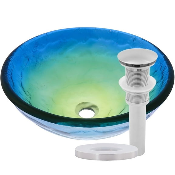 Novatto TIS-191BN Mare Blue, Yellow and Green Glass Vessel Sink with Brushed Nickel Pop-Up Drain, Mounting Ring