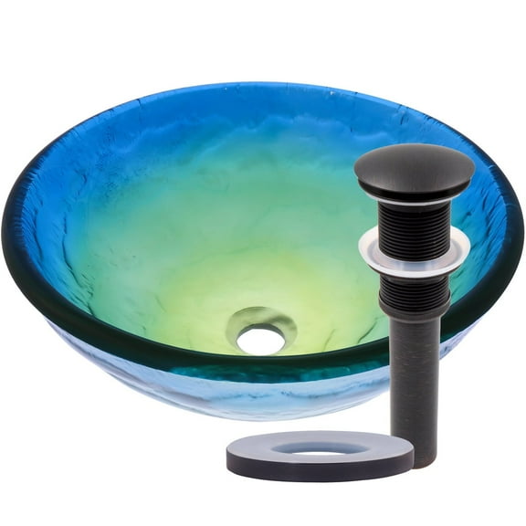 Novatto TIS-191ORB Mare Blue, Yellow and Green Glass Vessel Sink withwith Oil Rubbed Bronze Pop-Up Drain, Mounting Ring