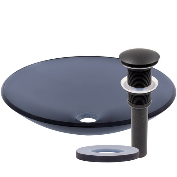 Novatto TIS-316GORB COETANEO Clear Slate Grey Low Profile Glass Vessel Bath Sink with Oil-Rubbed Bronze Pop-Up Drain, Mounting Ring