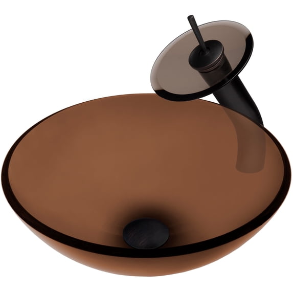 Novatto Ty NSFC-168T001ORB Clear Brown Tea Glass Vessel Sink w/ Faucet, Drain and Mounting Ring, Oil Rubbed Bronze