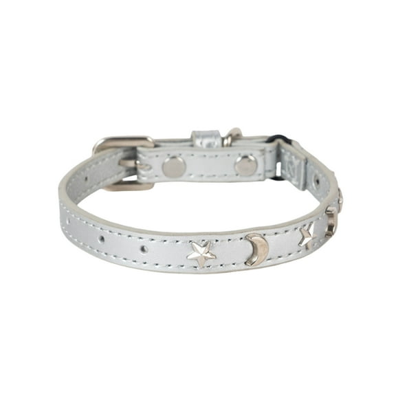 Novazen Leather Cat Collars for Boy Girl Cats with Bell and Safety Elastic Belt, Personalized Star and Moon Stud Adjustable Safe Buckle Collar for Kitty Small Big Cats Size 7-9 Inch, Sliver