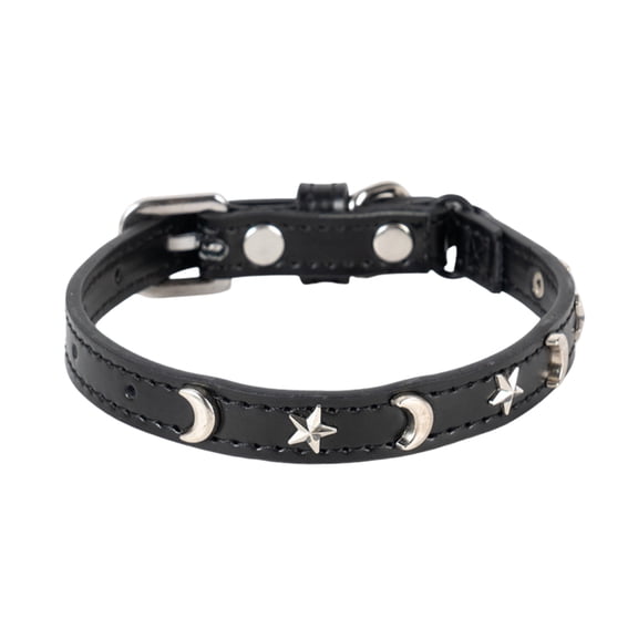 Novazen Leather Cat Collars for Boy Girl Cats with Bell and Safety Elastic Belt, Personalized Star and Moon Stud Adjustable Safe Buckle Collar for Kitty Small Big Cats Size 7-9 Inch, Black