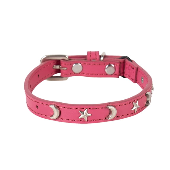 Novazen Leather Cat Collars for Boy Girl Cats with Bell and Safety Elastic Belt, Personalized Star and Moon Stud Adjustable Safe Buckle Collar for Kitty Small Big Cats Size 7-9 Inch, Red