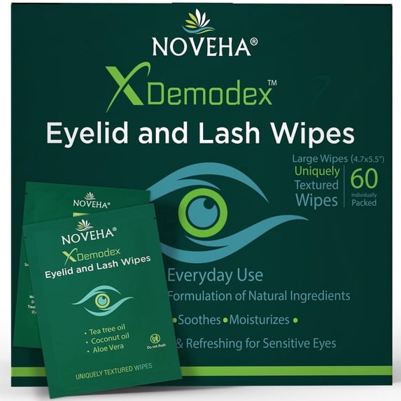 NOVEHA 60 PCs Demodex Eyelid & Lash Wipes | Extra Strength Eyelash Cleansing Wipes - Battle Itchy & Irritated Eyes associated with Demodex Mites | Naturally Remove Debris | Individually Wrapped