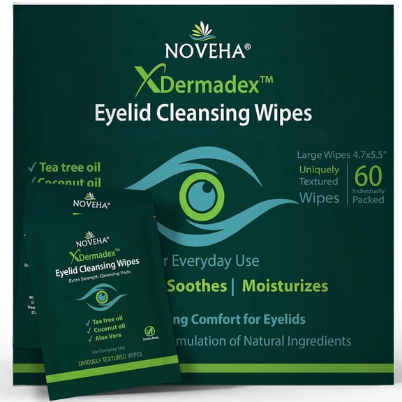 NOVEHA 60 PCs Demodex Eyelid & Lash Wipes | Extra Strength Eyelash Cleansing Wipes - Battle Itchy & Irritated Eyes associated with Demodex Mites | Naturally Remove Debris | Individually Wrapped