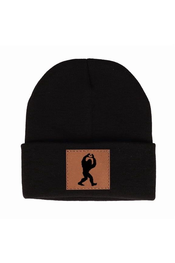 Novel Bigfoot Beanie Hat with Love Gesture Design & Leather Label - High Elasticity Acrylic Heavyweight Knit, One Size Fits All, Perfect Gift Ideav