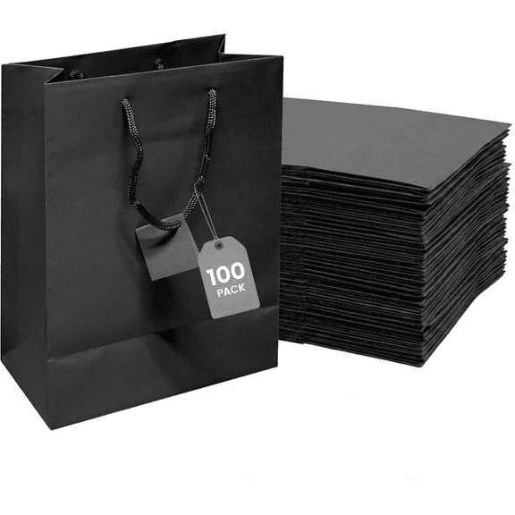 Novel Box 100 Pack Black Gift Bags with Handles 8x4x10 Inches - Shopping Bag for Birthday Business