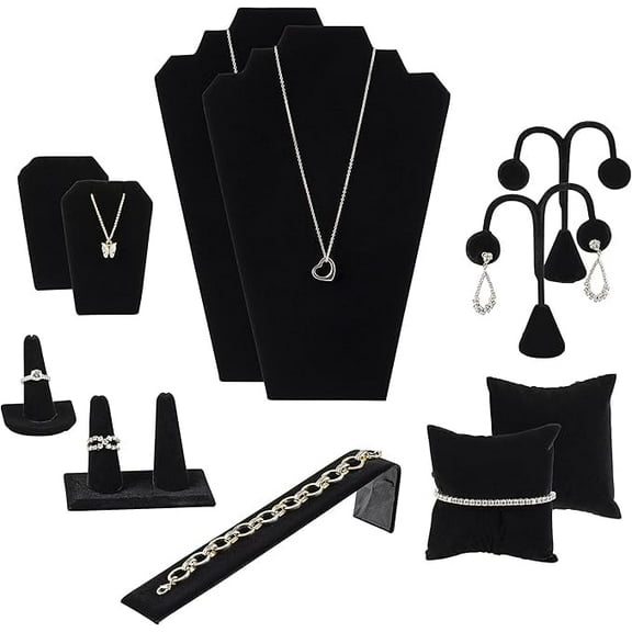 Novel Box Black Velvet 11 Pieces Jewelry Display Set for Necklaces, Bracelets, Rings, Earrings,