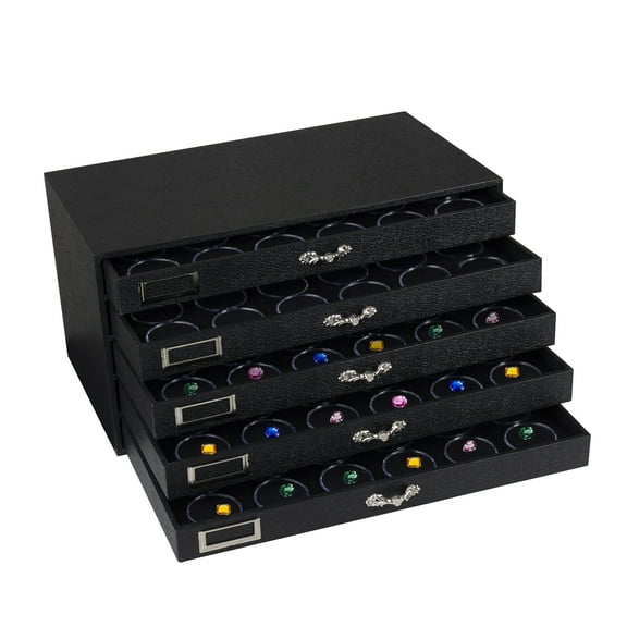 Novel Box 5 Drawer Black Jewelry Box 15.12X8.37X7.62   120 Gems Jars & 5 White Foam Liners