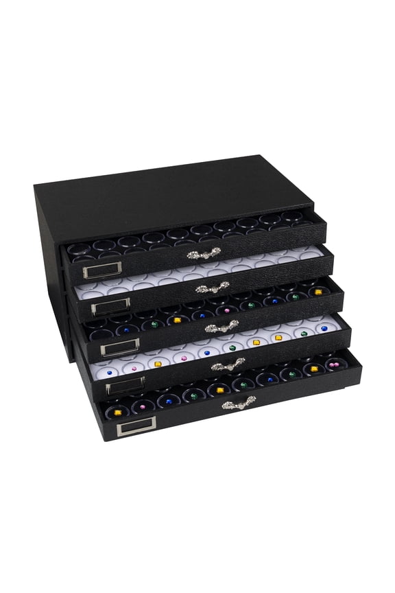 5 Drawer Black Jewelry Box 15.12X8.37X7.62 + 250 Gems Jars & 3Black-2White Foam Liners