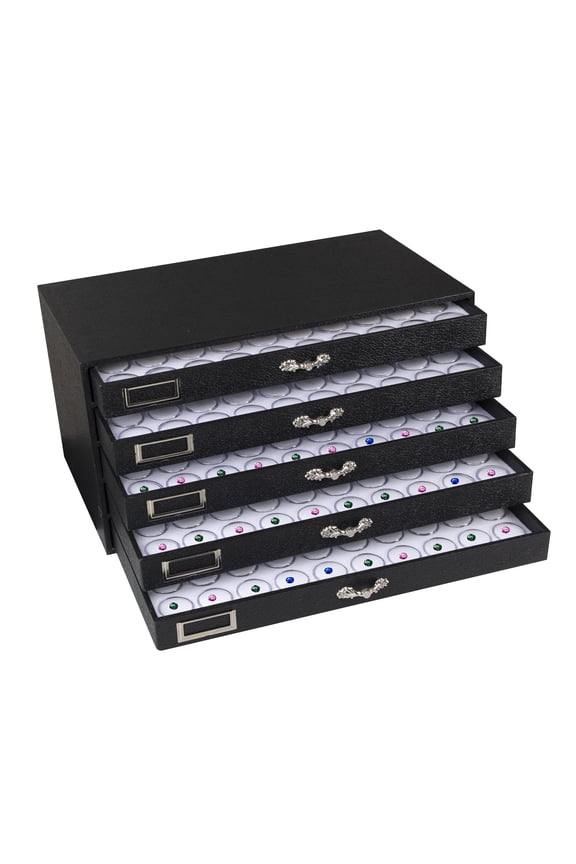 5 Drawer Black Jewelry Box 15.12X8.37X7.62 + 250 Gems Jars & 5 White Foam Liners