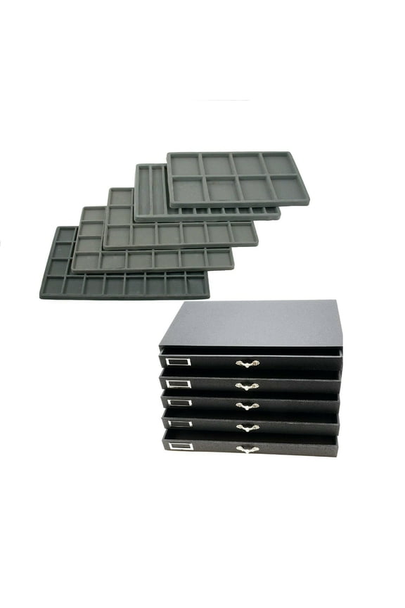 5 Drawer Jewelry Hobby Organizer Display Case w/Grey Flocked Compartm