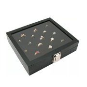 Novel Box Black Glass Case 14.75x8.25x2.1 Inches with 36-slot Black Ring Foam Liner & Metal Clasp